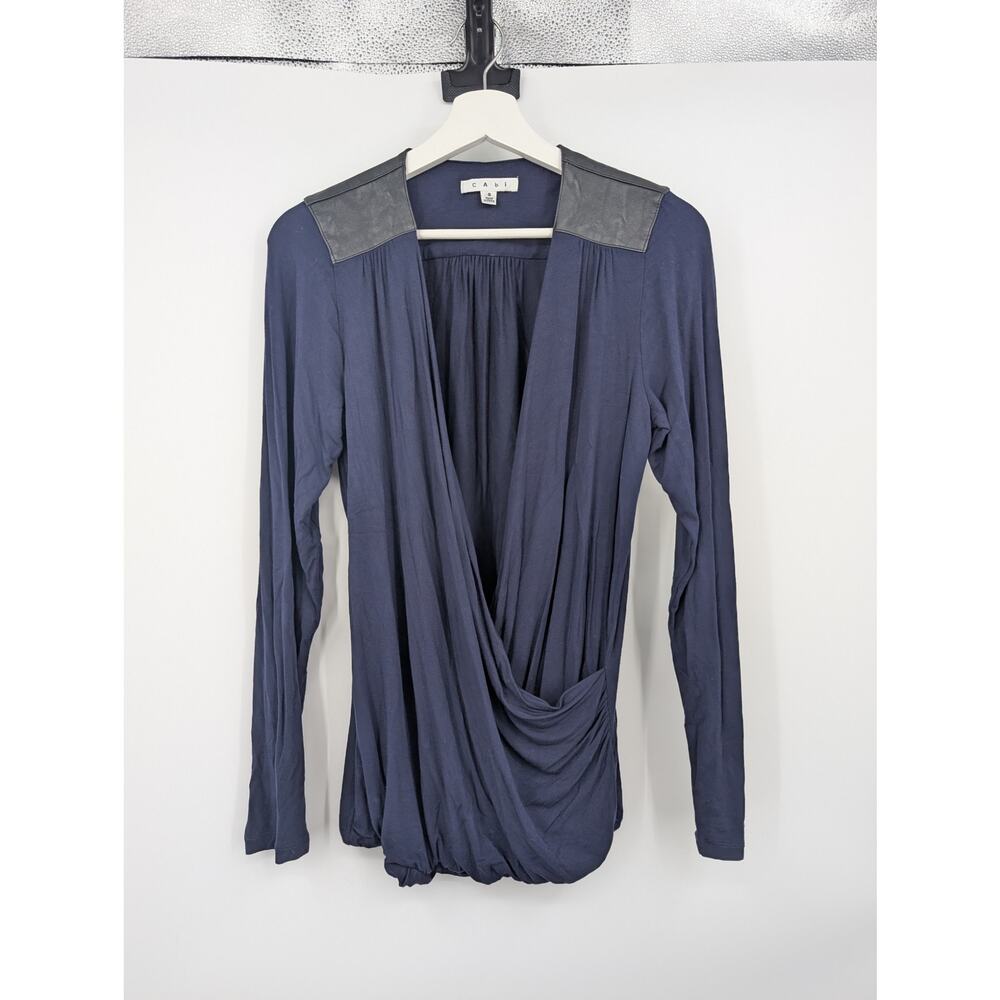 Cabi #953 Long Sleeve Navy Blouse Women's S Faux Leather Career Office Luxury